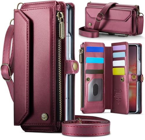 Konstreet for Samsung Galaxy Z Fold 7 Wallet Case Durable Leather Cover with Card Holder Flip Flap Wrist Strap Zipper Closure & RFID Blocking Case for Galaxy Z Fold 7 Red