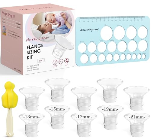 Nursi Luna Kit di dimensionamento flangia 3 in 1 con 13/15/17/19/21 mm per flange/scudi elettrici per tiralatte da 24 mm, 10 inserti in morbido silicone per un pompaggio più confortevole, senza BPA