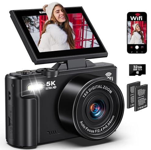 Fotocamere digitali per la fotografia, fotocamera Vlogging 5K 75MP per YouTube WiFi, fotocamera UHD Autofocus Vlog da 3 pollici, schermo flip a 180° con zoom 18x, YouTube da viaggio con scheda SD da