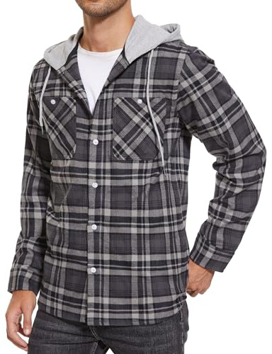 Cotrasen Mens Flannel Shirts Long Sleeve Plaid Hoodie for Men Cotton Button Down Shirts with Pocket Black Gray M