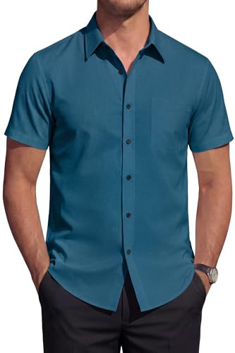 HISDERN Chemise Homme Manches Courtes Stretch sans Repassage Regular Fit Business Décontracté Chemise d'Été Habillée avec Poche