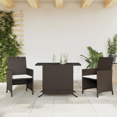 Tonture Ensemble de bistro 3 pièces avec coussins marron en polyrotin résistant aux UV 100 x 59 x 73 cm, table pour jardin, balcon, terrasse, résistant aux intempéries