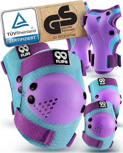 99FLIPS Protezioni Pattini Bambina Ginocchiere Bambini - Set Protezione Skate Bambino Ginocchiere e Gomitiere - RISE - Taglia XS - BLU VIOLA - Protezione Bici Bambina