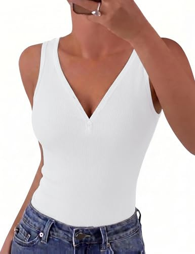 Gyabnw Top de Canalé Mujer Sin Mangas Cuello V con Botones | Punto suave y elástico, corte slim fit, diseño básico elegante, para verano oficina y ocio