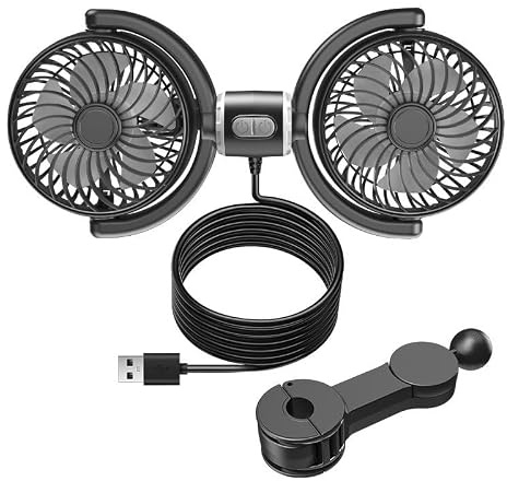 Sifxouped Ventilador de coche para asiento trasero, 5 V, USB, doble cabeza, ventilador de coche con interruptores independientes, ventilador de reposacabezas giratorio 360°, 3 velocidades