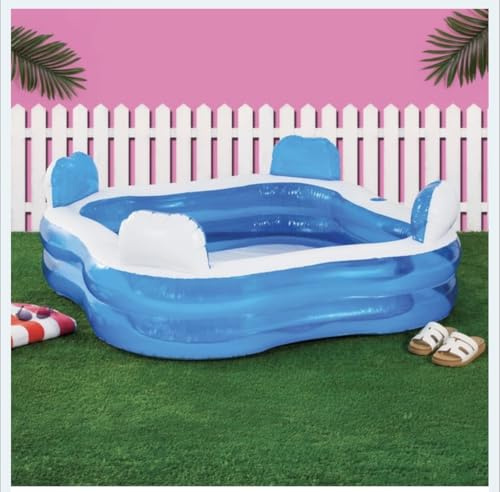 New||Inflatable Family Pool with 4 Integrated Seats, Comfort-Grip Dual Headrests, Blue, PVC, 183 x 183 x 51 cm||