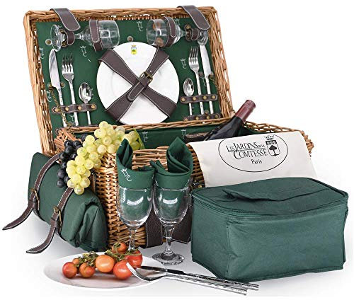 Les Jardins de la Comtesse - Picknickkorb Champs-Elysées aus Weidengeflecht und echtem Leder - Dunkelgrün - Für 2 Personen - Komplett Ausgestattet - Keramikteller und Weingläsern - 48 x 33 x 21 cm