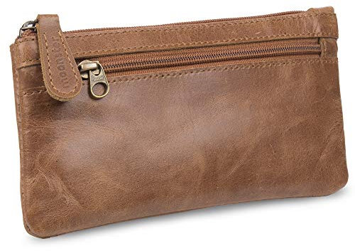 Moonster Federmäppchen aus Leder - Handgefertigtes Lederetui mit Reißverschluss - Federmäppchen Erwachsene, Studenten - Tabaktasche, Mäppchen - Modernes Design mit Seitentasche Schlüsselring - 20x10cm