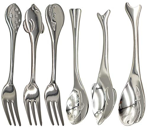 Maydahui 6 PCS Cute Coffee Spoons Fish Shape Spoon and Fork 5.1 inch 18/10（304）Stainless Steel Dolphin Whale Puffer Teaspoon Dessert Ice-cream Spork Fruit Forks Design for Home Kitchen Restaurant
