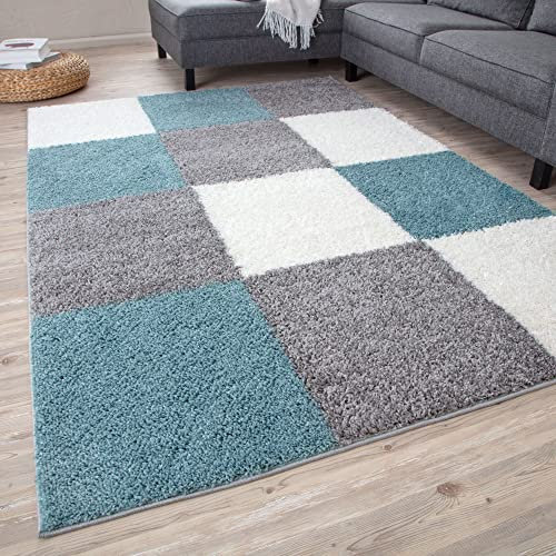 THE RUGS Area Rug – Modern Luxury Shaggy Rug, Multicolour Pattern Carpet, Ultra Soft for Bedroom, Living Room, Kids Room, (160x230 cm, Duckegg Blue)