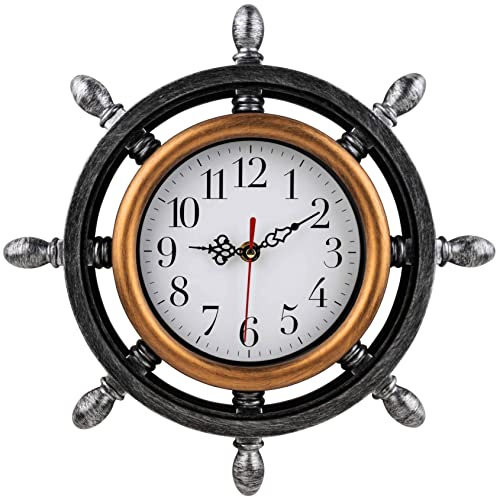 Ships Wheel Wall Clock, Brushed Metal Look, for Nautical Coastal Beach or Sea Theme Home Decor, Silent, Non Ticking Sweep Movement