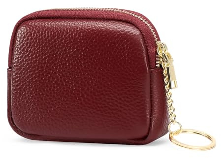 SENDEFN Mini Coin Purse Soft Leather Small Coin Pouch Purses Women Zipper Pocket with Key Ring Wine Red