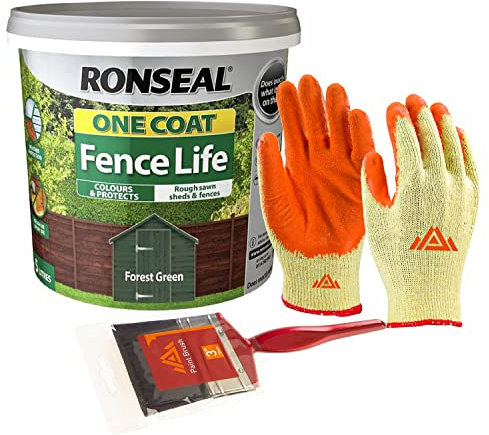 PERFECTONISH One Coat Fence 5L Quick Dry Wood, Outdoor Garden Paint for Garden Shed Water Repellent Furniture With Free 3” Brush and Protective Gloves (Forest Green)