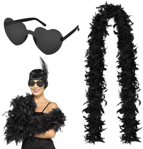 Flintronic Boa en Plumes de 2M/6.6ft avec Lunettes en Forme de Cœur, Boa à Plumes, La Plume Colorées Clapet, Boas de La Plume Colorées pour Danse Mariage Fête Cosplay Halloween