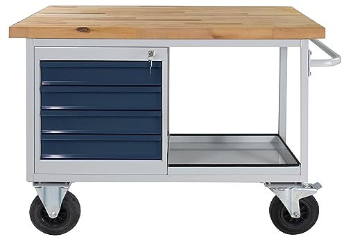 PROREGAL Rhino Établi mobile avec compartiment de rangement + 4 tiroirs - H x l x P : 83 x 130 x 60 cm - Charge maximale : 500 kg - Gris clair/gris anthracite - Table d'atelier - Table de travail