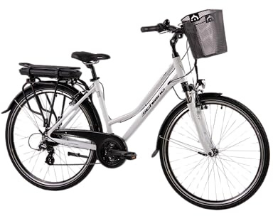 F.lli Schiano E-Ride, Bicicleta Electrica de Trekking, 28, Batería 36V 10.4Ah Extraíble, Motor 250W 40Nm, Bici Electrica Urbana, Unisex Adulto, Blanco, Cesta