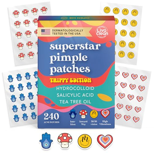 LivaClean 240 CT Superstar Cute Pimple Patches Trippy Edition w/Salicylic Acid & Tea Tree Oil - Pickelpflaster Niedlich, Akne Patch für Gesicht, Hydrokolloid Akne Patch