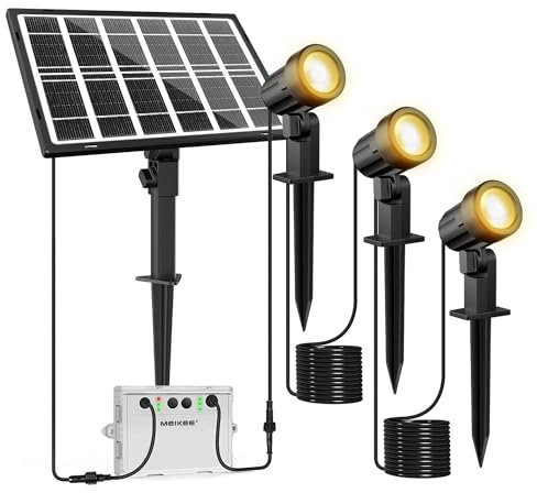 MEIKEE Solarstrahler für Außen 3 Stück 2700K Warmweiß Solarlampen für Außen 5000MAH IP66 Wasserdicht 3 Helligkeit 2 Modi Dusk to Dawn Solar Gartenleuchte Garten Rasen Terrasse Bäume Balkon
