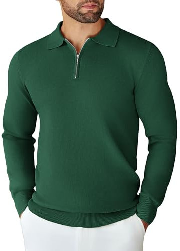 COOFANDY Herren Pullover Polo Kragen Strickpullover Männer Zip Pullover Sweater Feinstrick Pulli Arbeitspullover Reißverschluss Einfarbig Brightgrün XL