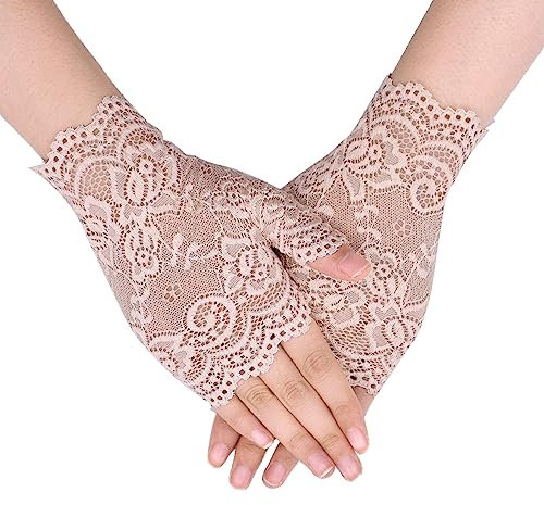 TeeYee Damen Spitze Fingerlose Handschuhe Halb Finger Spitzenhandschuhe Mesh Spitze Sommer Handschuhe für Hochzeit Braut 120Apricot