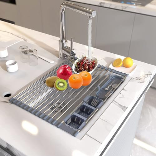 mumisuto Escurridor de Platos para Fregadero, 32,5cm-58cm Escurreplatos Plegable Tendedero Extensible de Acero Inoxidable, con 3 Cestas, Cesto para Cubiertos, 13 Agujeros, para Secar Frutas, Verduras