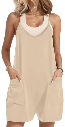 Zeagoo Damen Latzhose Baumwolle Sommer Ärmellos Overall Locker Kurz Weite Hose Spaghetti Playsuit Arbeit Latzhosen Beige XL