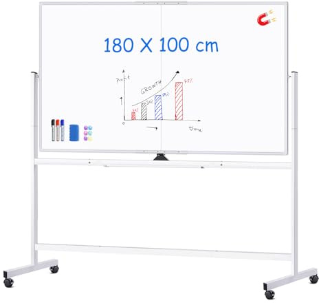 maxtek Lavagna Bianca Mobile con Supporto 180 x 100 cm, Grande Lavagna Cancellabile Magnetica Double Face, Cadre en Aluminium, Capovolgimenti 360° su Ruote, per Casa, Ufficio, Scuola