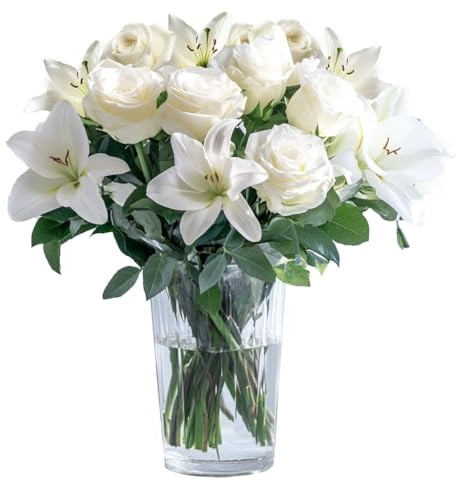 GlobalRose Flowers Fresh Bouquet (White) – Responsibly Sourced Fresh Flowers – Hand-Picked Asiatic Lilies & Roses Bouquet with Greens for Valentine's Day, Birthday & Special Occasions