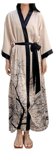Generisch Kimono de seda de lujo de satén con estampado floral para mujer, sensación fresca, manga 3/4, bata de baño, bata de noche cálida