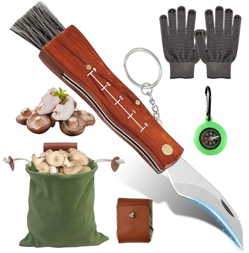 Tulov Cuchillo de setas con cepillo, guantes, bolsa de recolección de setas y brújula, cuchillo coleccionable de setas, bolsa plegable, bolsa de setas, juego de regalo para coleccionistas de hongos