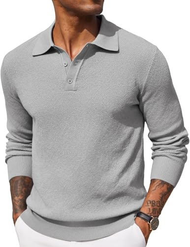 COOFANDY Mens Polo Jumper A Maniche Lunghe Fine Knit Maglione Lavorato A Maglia Plain Felpe Grigio Chiaro M