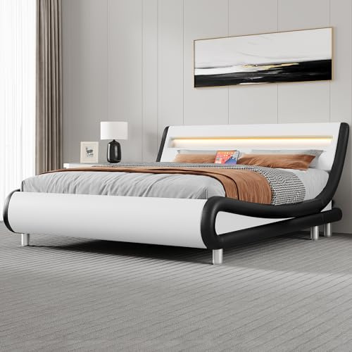 YITAHOME Bed Frame,Upholstered Led Bed Frame with Lights & Storage Charging Station,Platform Bed Frame with Pu Leather/No Box Spring Needed,White and Obsidian