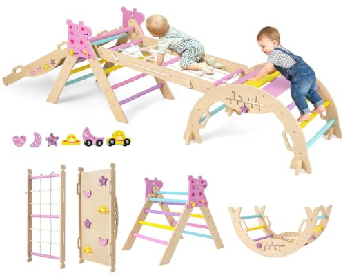FANTASK Arco de Escalada 7 en 1 para Interiores, triángulo de Escalada con tobogán, Arco de Escalada, Red, Incluye rampa de Doble Cara, Juego de Bloques de construcción y 2 Coches, triángulo de