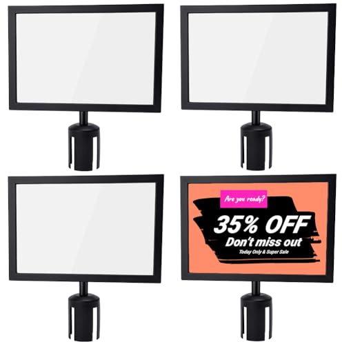 BENECREAT 4Pcs 345x320x67mm/13.6x12.6x2.64inch Stanchion Sign Holder Frame, Horizontal Double Sided Sign Frame with Cover for Crowd Control Queue Barrier Sentry Stanchions, Black Iron