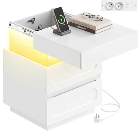 WOLTU Comodino con 2 Cassetti e Scomparto Segreto, Mobile Camera da Letto con Luce e 2 Prese, 1 Porta USB, 1 Porta Type-C, Modalità Musica, Timer, in Stile Moderno, 45x40x58 cm, Bianco