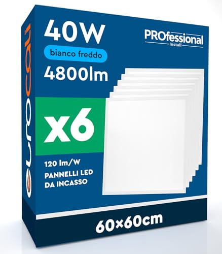 Eurocali 6 Pannelli LED 60x60 40W Quadrati da Incasso 4800 Lumen - Luce Fredda 6500K - Plafoniera da Ufficio Alta Luminosità 120 lm/W Lampada da Soffitto per Controsoffitti Modulari Driver Incluso