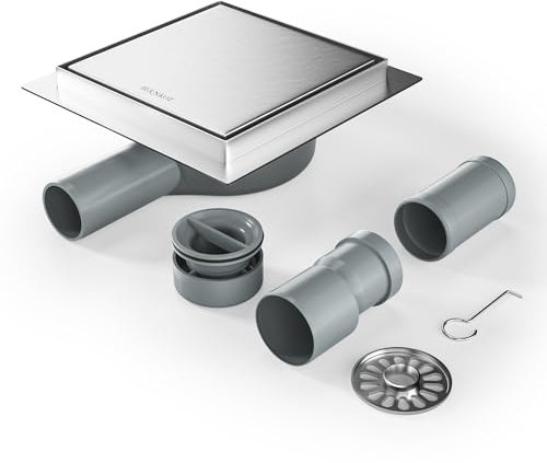 Bernkot Caniveau de Douche carré 15 x 15 cm, Siphon à 360° avec Anti-odeurs et Tamis à Cheveux 2 en 1 - Gouttière de Drainage de Sol - Très Plat DN50 DN40