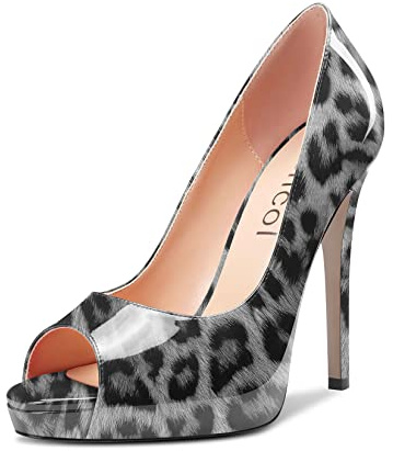 Aachcol Mujer Plataforma Aguja Alto High Heel Pumps Slip-on Abierta Punta Dress Zapatos Oficina Fiesta de Boda Charol Gris Leopardo 13 CM 45 EU