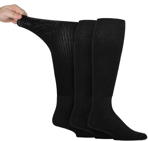 IOMI Knee High Diabetic 3 Pack Bamboo Non Elastic Socks for Swollen Feet | Long Extra Wide Non-Binding Soft Top Socks (6-8, Black)