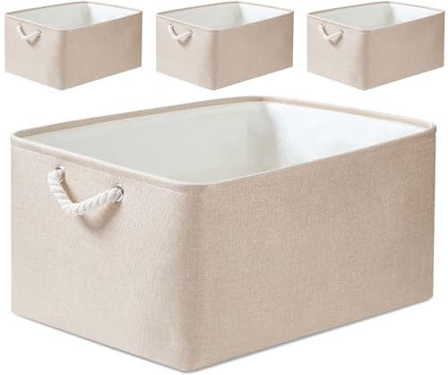 Mangata Caja de almacenamiento plegable, cesta de almacenamiento de tela gruesa con asas para estantes de juguetes(paquete de 4, Caqui Claro, M)