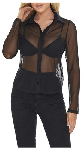 GORGLITTER Women's Sheer Long Sleeve Tops Shirt Dressy Casual Fall See Through Button Up Fall Work Teacher Blouses 2025 Mesh Black X-Large