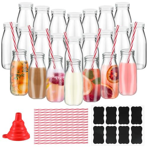 Tioncy 20 Pack 8.5oz Glass Milk Bottles with Lids and Straws Glass Juice Bottles Bulk Vintage Breakfast Milk Glass Creamer Bottle Container with Labels Funnel for Christmas Birthday Party Decoration