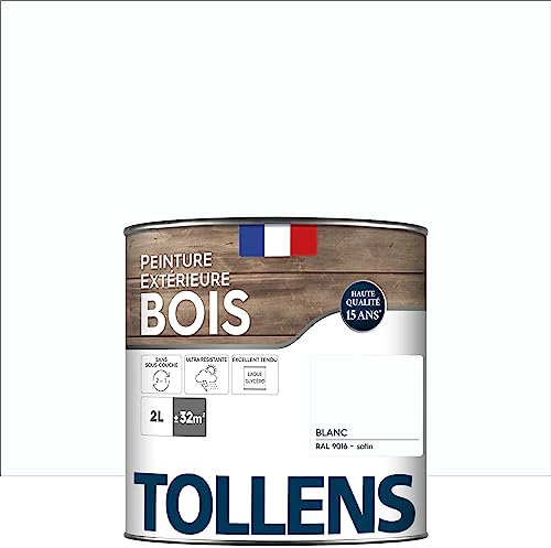 Tollens - Peinture extérieure bois 2 en 1 - Ultra Résistante - Finition Satin - Laque Riche en Résine - Pour Toute Boiserie Extérieure - Sans Sous-Couche - Satin - Blanc - 2L = 32m2