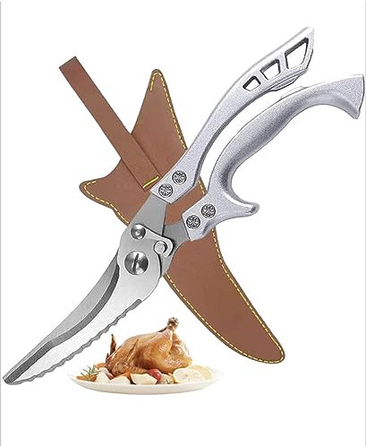 Tijeras de Cocina, Tijeras de pollos, Tijeras de acero inoxidable con mango de aluminio+funda de cuero, Tijeras de cocina Profesional, Esencial para Cortar Carne, Pescado, Verduras y Huesos