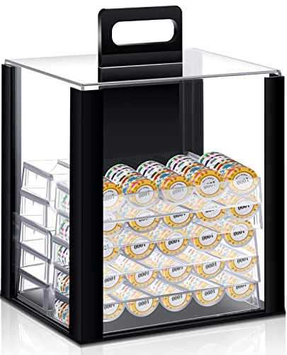 Hiboom 1 Pack Acrylic Poker Chip Case, 1000 Pcs Chips Capacity Chip Trays Set Including Carrier Acrylic Display Case and 10 Pcs Trays Racks Holder (Black)