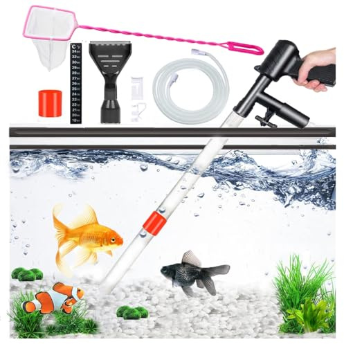 Aquarium Gravel Cleaner Siphon Fish Tank Vacuum Cleaner for Absorb Dirt Wash Sand Algae Scrapers Water Changer Gravel Washer Aquarium Thermometers Fish Net kit for Fish Tank Cleaning Gravel and Sand