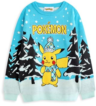 Pokémon Jersey navideño Azul de Punto para niños | Suéter Festivo de Pikachu: Divertido y cálido | Regalo navideño jóvenes Entrenadores Ropa navideña