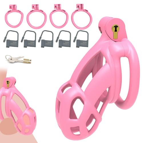 GKLWEJ Cockcage, Peniskäfig mit 4 Penisringe und Schloss, Keuschheitsgürtel Mann, Harz Chastity Cage Männer, Penies Käfig, Chastity Cage, Sex Spielzeug für Die Männer Extrem,Pink,S