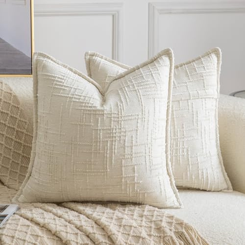 MADIZZ Set med 2 st Texturerade Chenille Kuddfodral Mjukna Boemiska Dekorsiktiga Kuddöverdrag Modern Heminredning för Soffa Vardagsrum Sovrum Krämvitt 50x50 cm