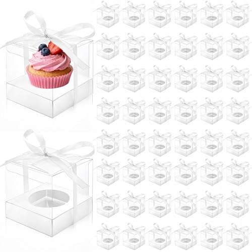 50 Pcs Clear Cupcake Box Individual, 3.5 Inch Plastic Single Cupcake Container, Cupcake Storage Holder Carrier with Ribbons Inserts, Ornament Candy Gift Box for Mother's Day Party Wedding Baby Shower